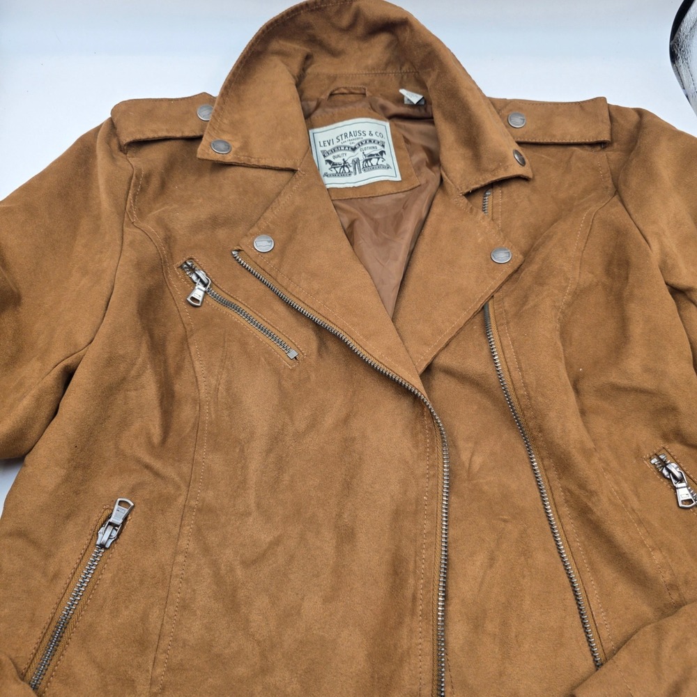Levis Faux Suede Moto Jacket Womens Small Brown Asymmetrical Zip Biker Cognac O9 - Picture 15 of 16